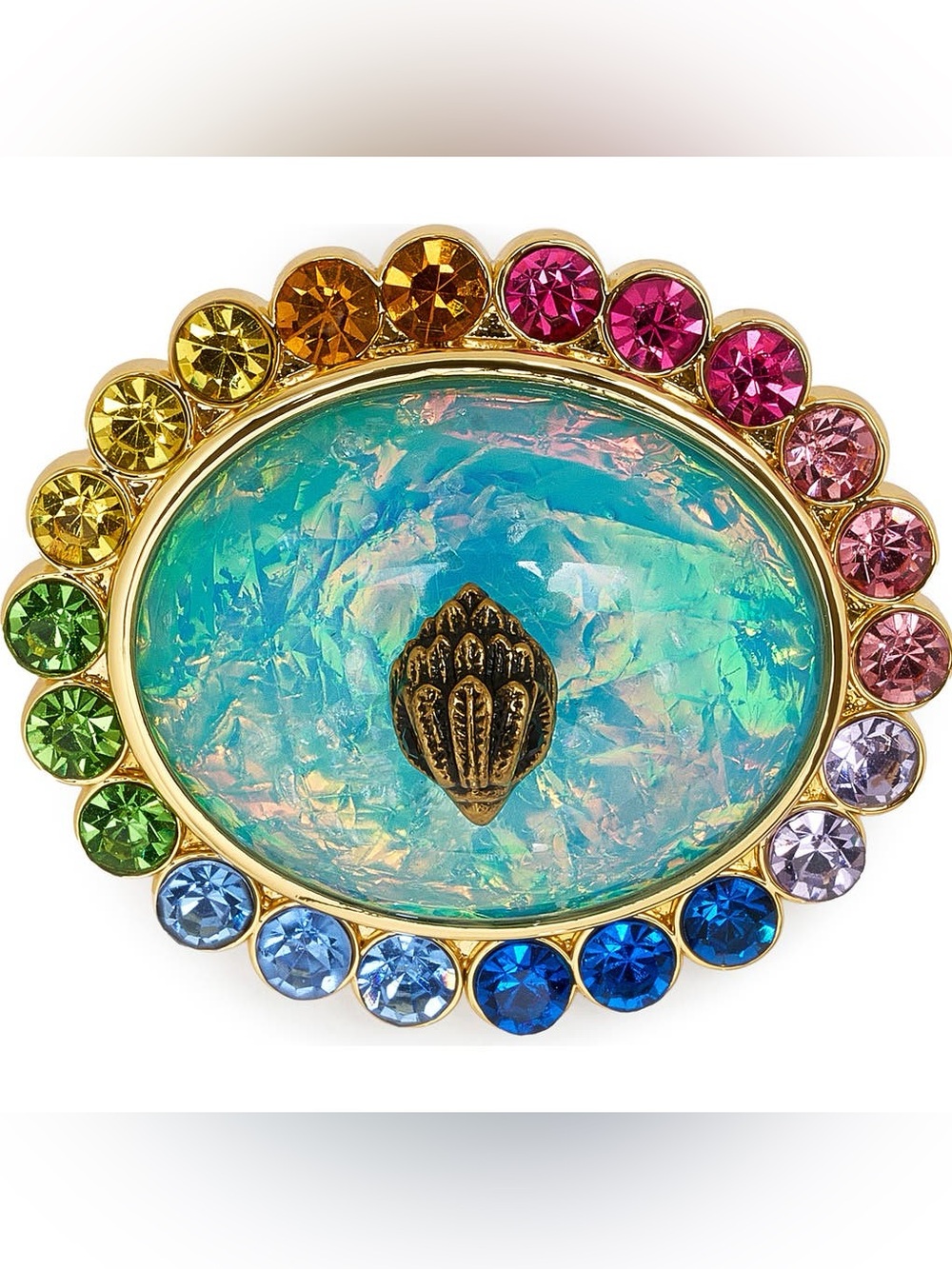 Kurt Geiger NWT Gold-Tone Opalescent Aqua Oval Brooch with Multicolor Crystals